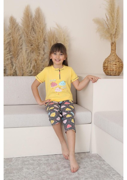 (6-14 Yaş) Bulut Desenli Kız Çocuk kapri takım - Sarı fiyatları