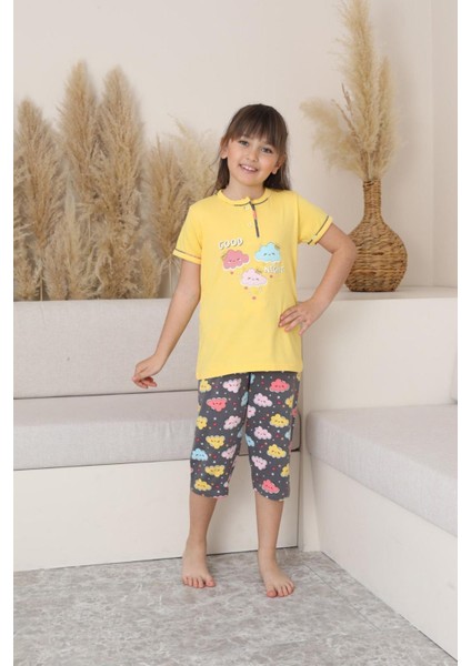 (6-14 Yaş) Bulut Desenli Kız Çocuk kapri takım - Sarı modelleri