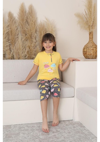 (6-14 Yaş) Bulut Desenli Kız Çocuk kapri takım - Sarı indirimleri