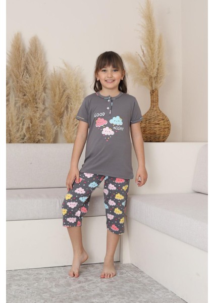 (6-14 Yaş) Bulut Desenli Kız Çocuk kapri takım - Gri