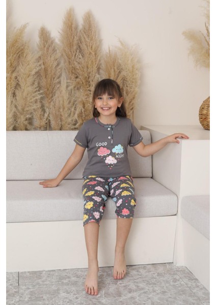 (6-14 Yaş) Bulut Desenli Kız Çocuk kapri takım - Gri fiyatları