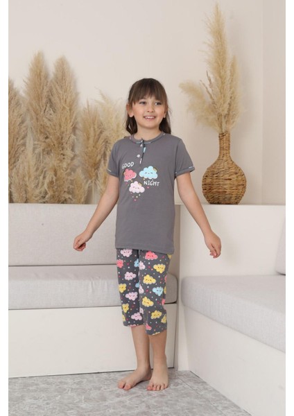 (6-14 Yaş) Bulut Desenli Kız Çocuk kapri takım - Gri modelleri