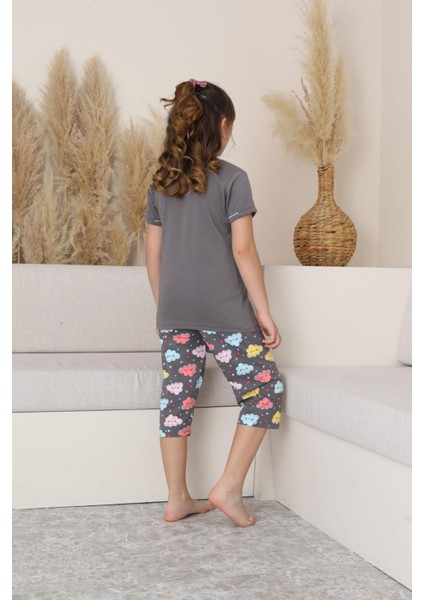 (6-14 Yaş) Bulut Desenli Kız Çocuk kapri takım - Gri fırsatları