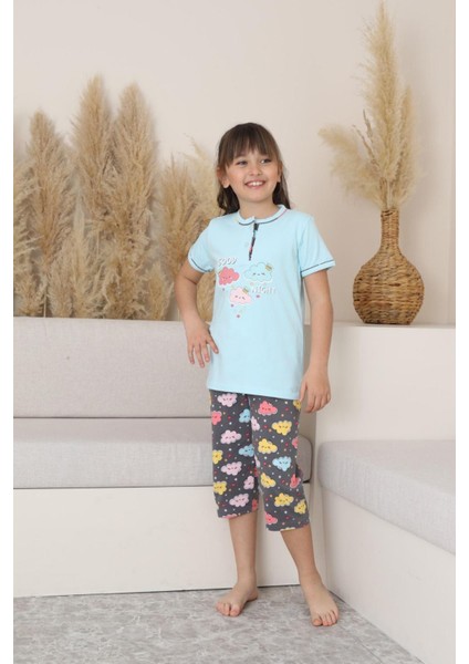 (6-14 Yaş) Bulut Desenli Kız Çocuk kapri takım - Mavi