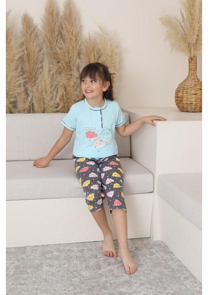 (6-14 Yaş) Bulut Desenli Kız Çocuk kapri takım - Mavi fiyatları