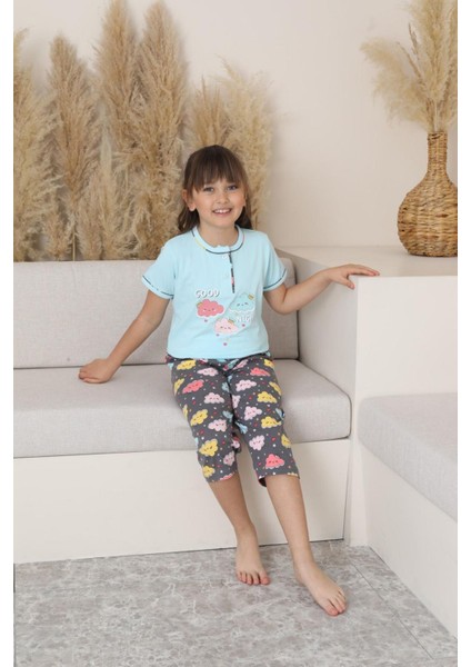 (6-14 Yaş) Bulut Desenli Kız Çocuk kapri takım - Mavi modelleri