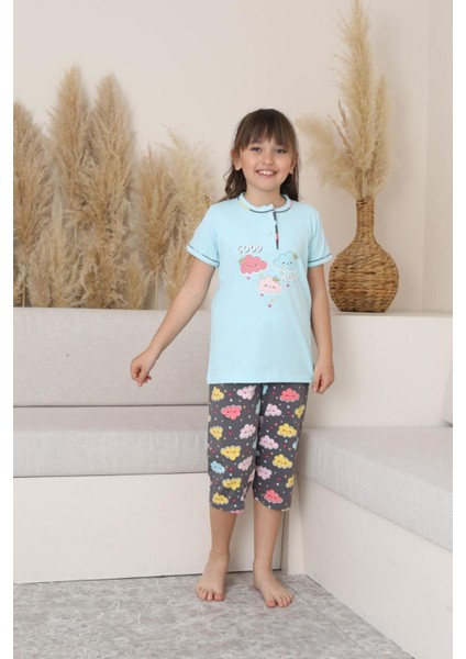 (6-14 Yaş) Bulut Desenli Kız Çocuk kapri takım - Mavi fırsatları