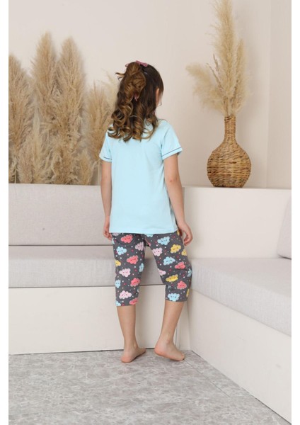 (6-14 Yaş) Bulut Desenli Kız Çocuk kapri takım - Mavi indirimleri