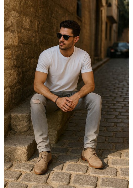 Erkek Dizi Yırtık Jean Pantolon Gri