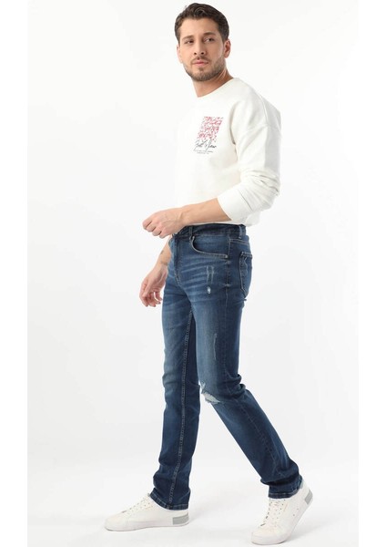 Erkek Dizi Yırtık Jean Pantolon Koyu Mavi modelleri
