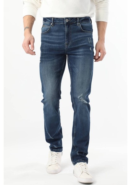 Erkek Dizi Yırtık Jean Pantolon Koyu Mavi indirimleri