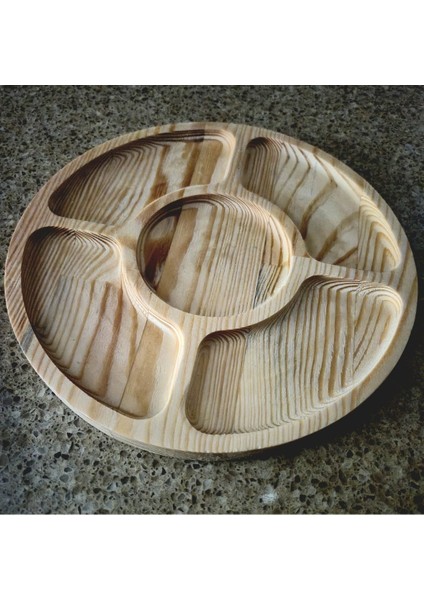5 Bölmeli Yuvarlak Sunum/Çerez Tahtası - 23 cm - Açık Kahverengi