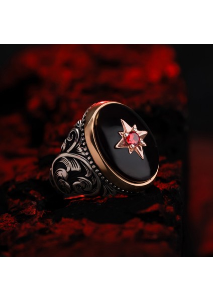 Kırmızı Zirkon Taşlı Pusula 925 Ayar Gümüş Erkek Yüzük modelleri