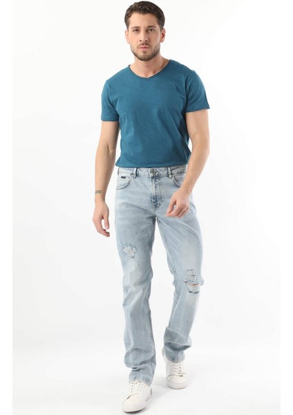 Erkek Dizi Yırtık Jean Pantolon Açık Mavi modelleri