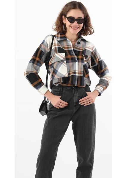Kadın Oversize Önü Cepli Oduncu Gömleği Lacivert modelleri