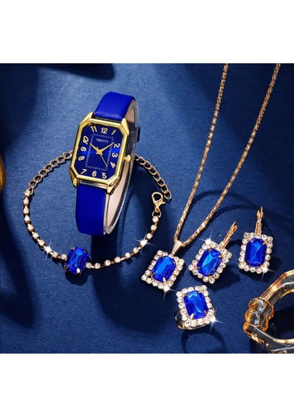 5ADET/SET Kadın Saati Retro Dikdörtgen Işaretçi Kuvars Saati Analog Pu Deri Bilek Saati ve Takı Seti