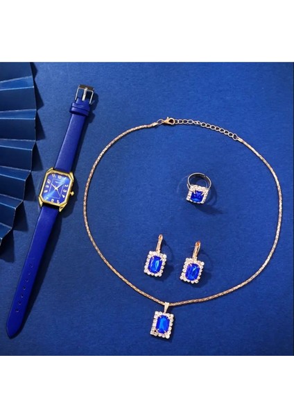 5ADET/SET Kadın Saati Retro Dikdörtgen Işaretçi Kuvars Saati Analog Pu Deri Bilek Saati ve Takı Seti modelleri