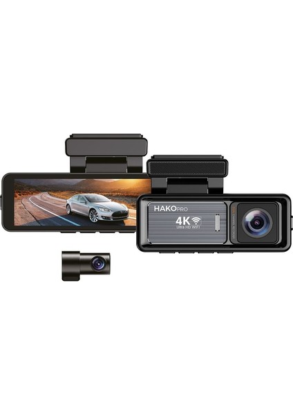 Hako Pro 4K UHD Geniş Ekran Araç Kamerası - Çift Kamera, Wifi, Gece Görüşü, Arka Kamera Dahil