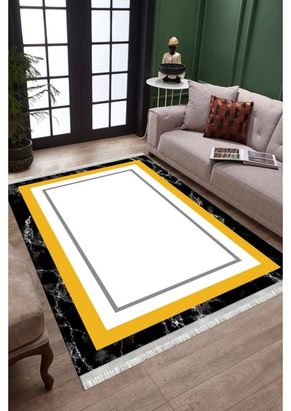 Çizgili Sarı Halı Kaymaz Tabanlı Kilim Yıkanabilir Halı Yolluk Dot Tabanlı Halı 1006B