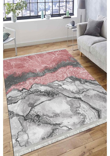 Pembe Mermer Desenli Gri Şeritli Halı Yıkanabilir Kaymaz Tabanlı Kilim Dot Tabanlı Halı 1025B modelleri