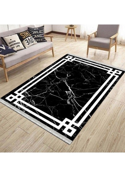 Beyaz Şeritli Kolay Süpürülebilir Kilim Yıkanabilir Kaymaz Tabanlı Kilim Dot Tabanlı Halı 1055A