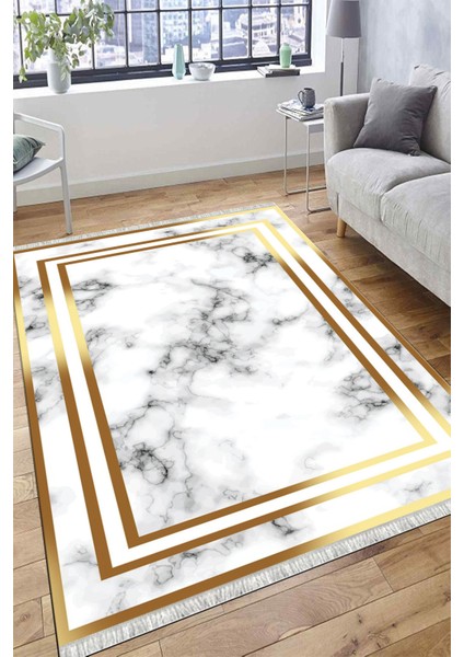 Altın Renk Şeritli Makinede Yıkanabilir Kilim Kaymaz Tabanlı Yolluk Dot Tabanlı Halı 1071A modelleri