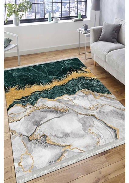Yeşil Mermer Desenli Altın Şeritli Halı Yıkanabilir Kaymaz Tabanlı Kilim Dot Tabanlı Halı 1025C modelleri