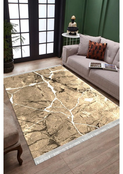 Stone Desenli Kahverengi Halı Yıkanabilir Yolluk Kaymaz Tabanlı Kilim Dot Tabanlı Halı 1019A