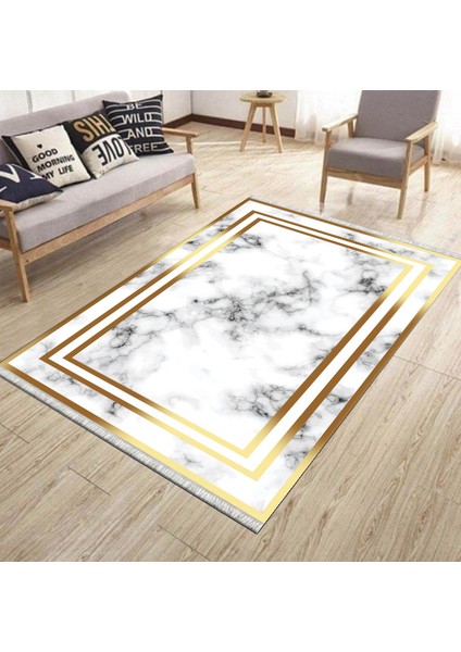 Altın Renk Şeritli Makinede Yıkanabilir Kilim Kaymaz Tabanlı Yolluk Dot Tabanlı Halı 1071A