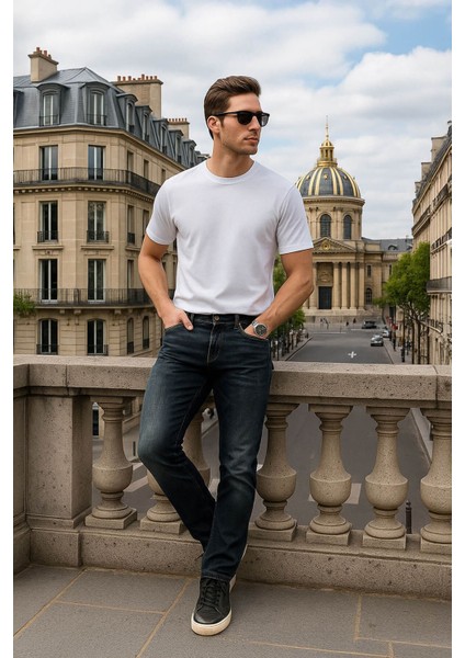 Erkek Orta Bel Taşlanmış Jean Pantolon Lacivert