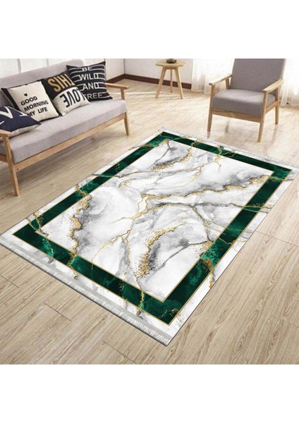 Beyaz Renk Yeşil Şeritli Kilim Yıkanabilir Kaymaz Tabanlı Kilim Dot Tabanlı Halı 1058A