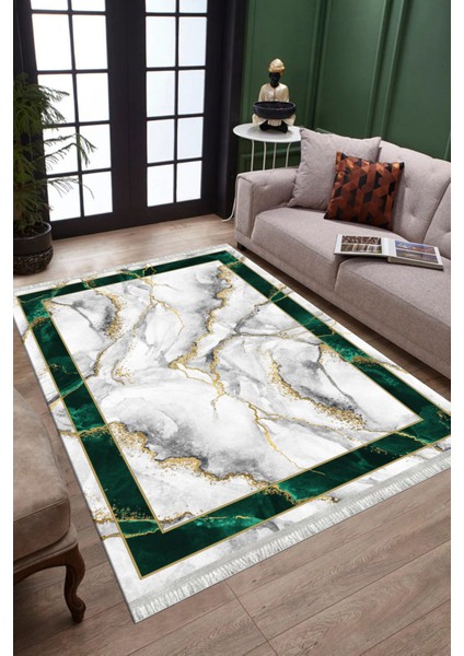 Beyaz Renk Yeşil Şeritli Kilim Yıkanabilir Kaymaz Tabanlı Kilim Dot Tabanlı Halı 1058A fiyatları