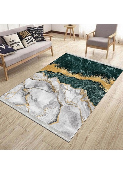 Yeşil Mermer Desenli Altın Şeritli Halı Yıkanabilir Kaymaz Tabanlı Kilim Dot Tabanlı Halı 1025C