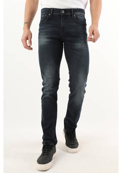 Erkek Orta Bel Taşlanmış Jean Pantolon Lacivert indirimleri