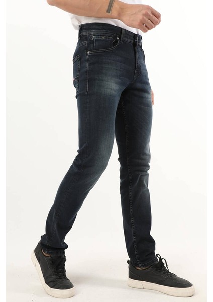 Erkek Orta Bel Taşlanmış Jean Pantolon Lacivert