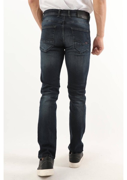 Erkek Orta Bel Taşlanmış Jean Pantolon Lacivert