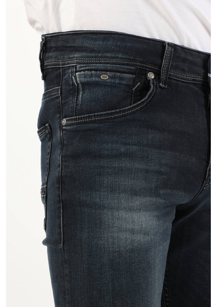 Erkek Orta Bel Taşlanmış Jean Pantolon Lacivert