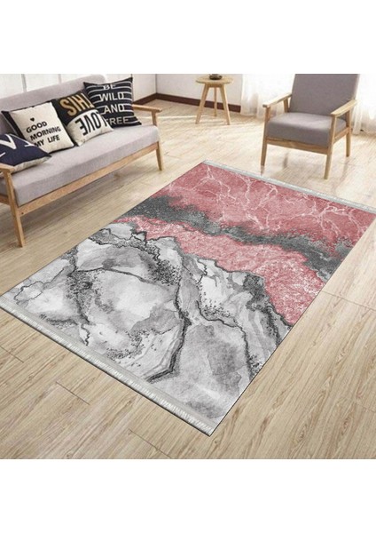 Pembe Mermer Desenli Gri Şeritli Halı Yıkanabilir Kaymaz Tabanlı Kilim Dot Tabanlı Halı 1025B