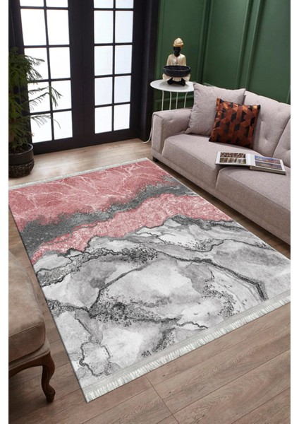 Pembe Mermer Desenli Gri Şeritli Halı Yıkanabilir Kaymaz Tabanlı Kilim Dot Tabanlı Halı 1025B fiyatları
