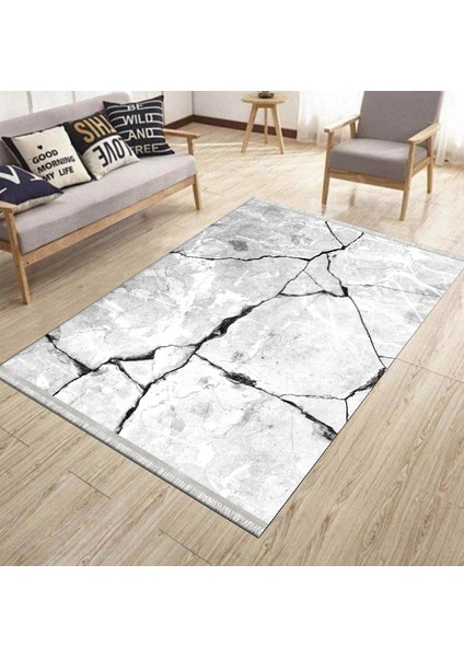 Stone Desenli Gri Halı Yıkanabilir Yolluk Kaymaz Tabanlı Kilim Dot Tabanlı Halı 1019C