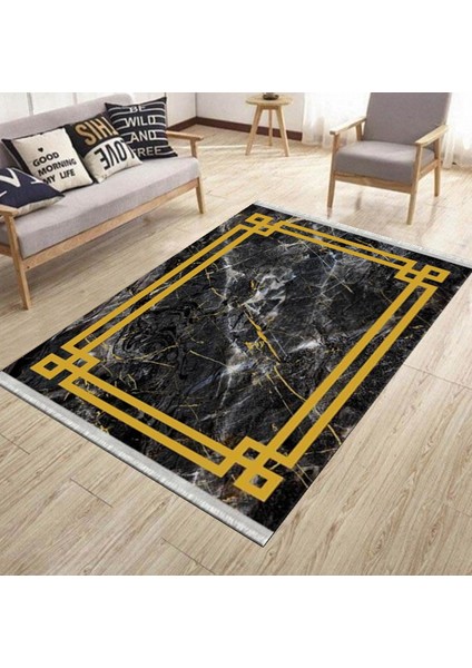 Gold Şeritli Kolay Süpürülebilir Kilim Yıkanabilir Kaymaz Tabanlı Kilim Dot Tabanlı Halı 1055B