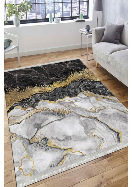 Siyah Mermer Desenli Altın Şeritli Halı Yıkanabilir Kaymaz Tabanlı Kilim Dot Tabanlı Halı 1025D modelleri