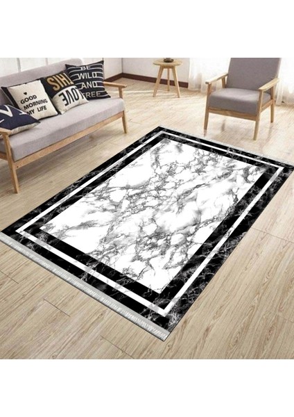 Siyah Çerçeveli Halı Mermer Desenli Kilim Yıkanabilir Kaymaz Tabanlı Kilim Dot Tabanlı Halı 1061A