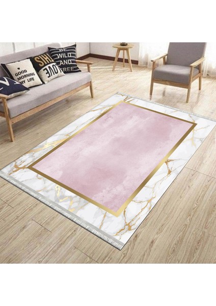 Gold Şeritli Dekoratif Makinede Yıkanabilir Kilim Kaymaz Tabanlı Yolluk Dot Tabanlı Halı 1069B