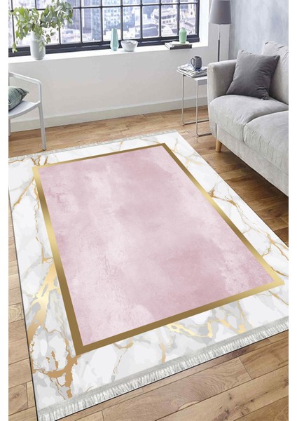 Gold Şeritli Dekoratif Makinede Yıkanabilir Kilim Kaymaz Tabanlı Yolluk Dot Tabanlı Halı 1069B modelleri