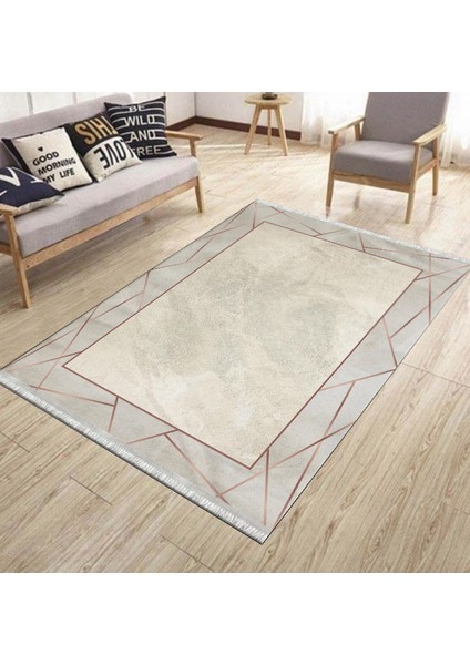 Bej Şeritli Kilim Makinede Yıkanabilir Kaymaz Tabanlı Yolluk Dot Tabanlı Halı 1081A