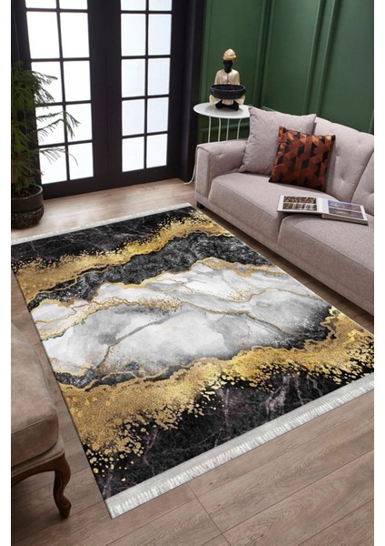Siyah Mermer Desenli Altın Şeritli Halı Yıkanabilir Kaymaz Tabanlı Kilim Dot Tabanlı Halı 1025H fiyatları