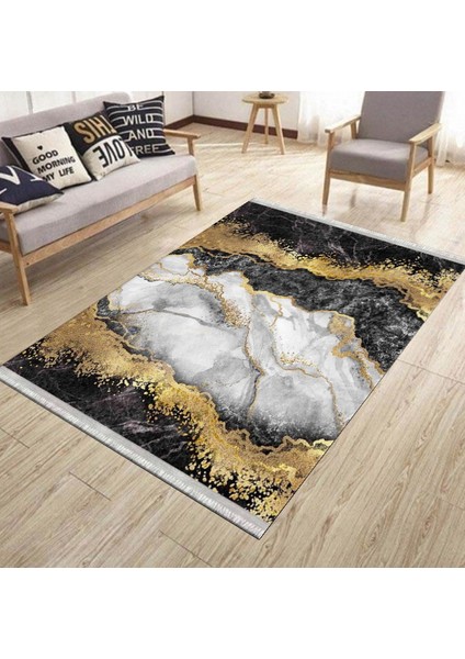 Siyah Mermer Desenli Altın Şeritli Halı Yıkanabilir Kaymaz Tabanlı Kilim Dot Tabanlı Halı 1025H