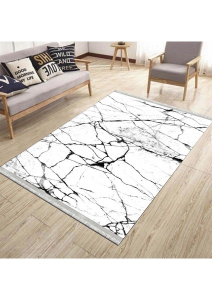 Beyaz Mermer Desenli Halı Yıkanabilir Yolluk Kaymaz Tabanlı Kilim Dot Tabanlı Halı 1016C