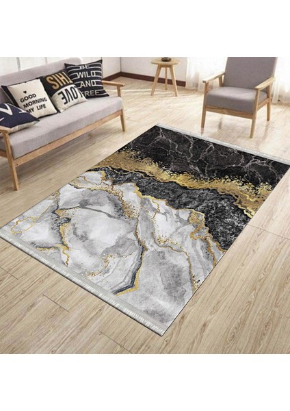 Siyah Mermer Desenli Altın Şeritli Halı Yıkanabilir Kaymaz Tabanlı Kilim Dot Tabanlı Halı 1025D